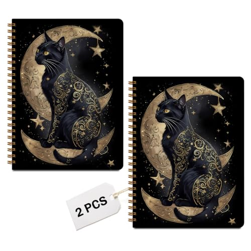 Image of 2 PCs Gold Cat Spiral Notebook Pretty Cat Themed Gifts Journaling Notebooks Cats Aesthetic Design Gifts for Women Girls Note Book Writing Journal Hardcover Notebook Classroom Office Supplies