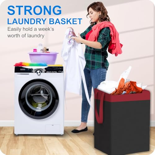 Image of LAXIS 75L Laundry Bag for Clothes with Lid, Large Dirty Clothes Laundry Basket & Cloth Storage Bin, Used Clothes Organizer, Multipurpose Laundry Basket for Bedroom & Bathroom - Red