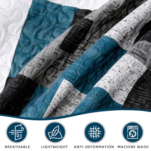 Image of Tyrot 3 Piece Teal Blue Quilt Full /Queen Black White Gray Bedding Set