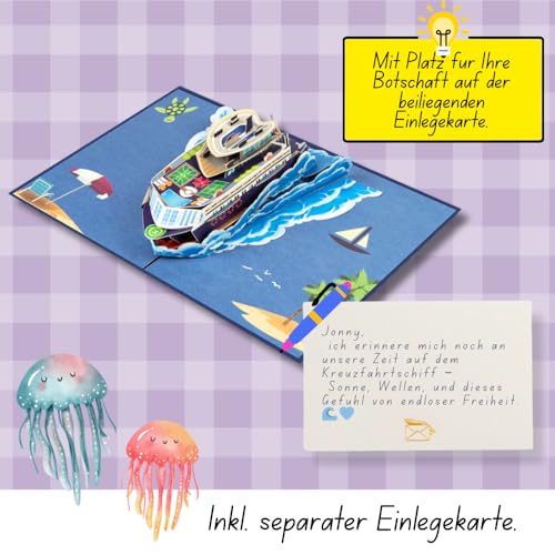 DORAFIORA® 3D Pop-Up Karte Kreuzfahrtschiff – Maritime Glückwunschkarte mit Schiff & Wellen | Pop Up Karte für Geburtstag, Abschied & Gute Reise | Inkl. Umschlag