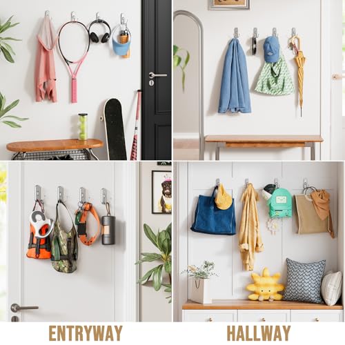Image of TAILI Adhesive Double Hooks for Hanging, 4 Coat Hooks & 6 Strips, Silver