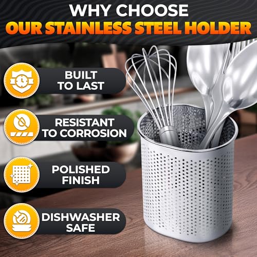 Image of Chopstick Dishwasher Basket 3.5x2.7x3.9 inch - Stainless Steel Chopstick Holder for Dishwasher with Hooks, Oval Design Rust-Resistant Perforated Utensil Caddy for Straws, Teaspoons & Small Kitchen Tools