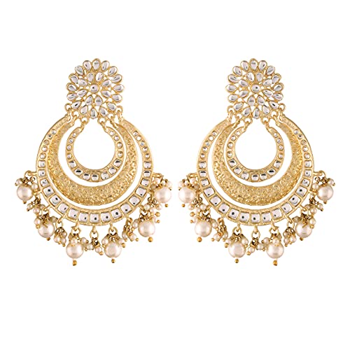 I Jewels Gold Plated Indian Wedding Bollywood Matte Finish Kundan & Faux Pearl Bridal Chandbali Earrings with Maang Tikka Set for Women (TE2860-61)3