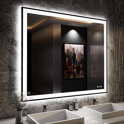 ISKM Framed LED Mirror for Bathroom 48"x40", Dimmable LED Bathroom Mirror with Lights, Anti-Fog, Front and Backlit Lighted Mirror 3-Colors, Shatterproof, Memory Function