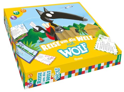 AUZOU, Reise um die Welt mit Wolf, Brettspiel ab 5 Jahren, Spannendes Familienspiel mit Wolf-Figur, Länder entdecken und Postkarten versenden, Für 2-6 Spieler ab 5 Jahren