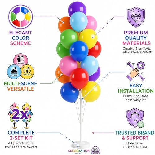 Image of Balloon Column Kit Set of 2 With Balloons Assorted Color - Balloon Stand with Base&Pole,Balloon Tower Backdrop Decoration for Wedding, Baby Shower, Birthday Party, or Bachelorette Parties