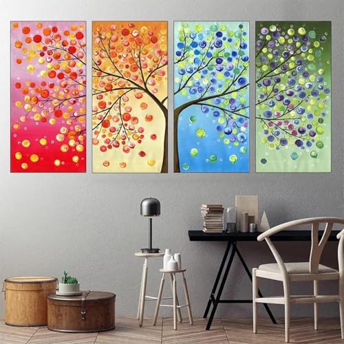 Peinture Paysage Arbre de Chance Toile Quatre Saisons pour Ambiance Salon Lumineuse