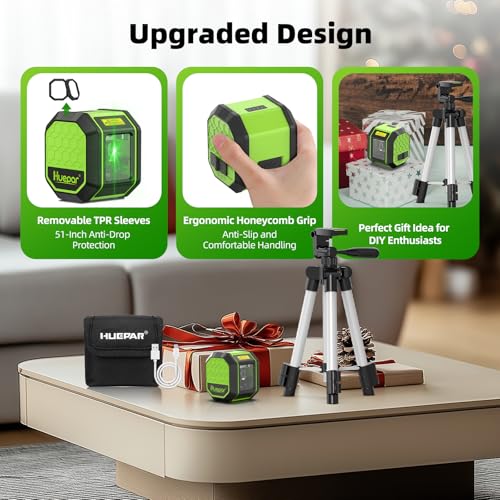 Image of Laser Level with Tripod, HUEPAR 100Ft Self Leveling Laser Level Rechargeable Green Cross Line Laser Leveler Tool for Picture Hanging, Tile, Home Renovation, Carrying Bag Included (25.6 in Tripod)