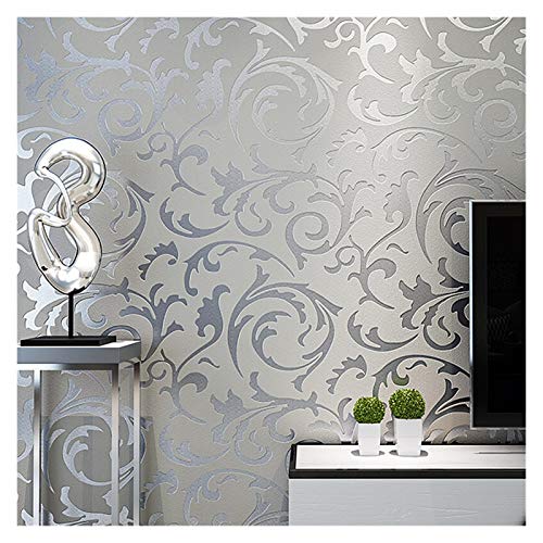 Papel pintado autoadhesivo, papel pintado gris 3D con relieve de damasco, rollo de papel pintado for decoración del hogar, sala de estar, dormitorio, papel pintado de lujo con motivos florales platead