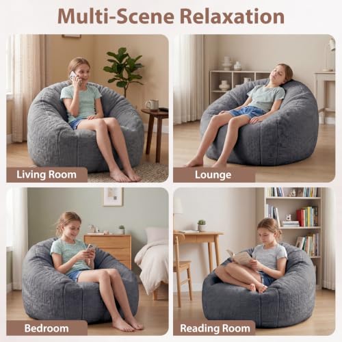 Image of HUGHEAVEN Medium Memory Foam Bean Bag Chair for Adults & Kids - 3ft Fluffy Floor Chair Lounger| Cozy Faux Fur Reading Nook Chair, Comfy Beanbag Sofa Couch, Floor Seating Foam Seat with Filler