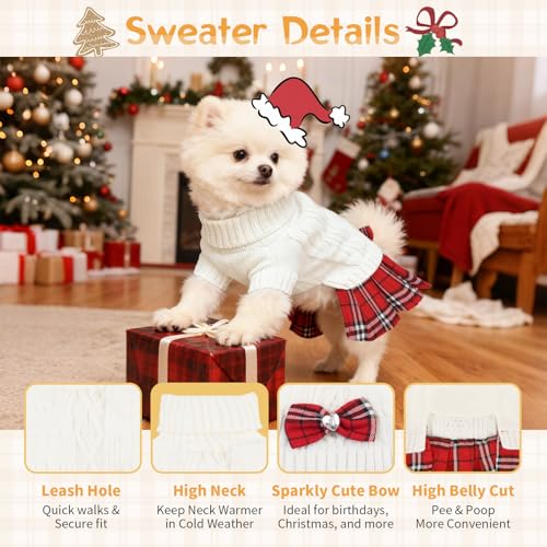 Image of Small Dog Sweater with Bowtie Turtleneck Dog Sweaters Dresses for Cold Weather Puppy Knitwear Pullover for Wedding Party Pet Winter Knitted Clothes for Yorkies Chihuahua (White L)