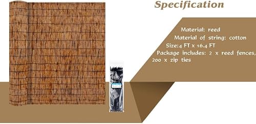 2pack Natural Reed Fencing Rolls,4FT X 16.4FT Reed Screen Curtain Balcony Reed Fence Bamboo Screen Fencing for Outdoor Backyard Patio(Brown)