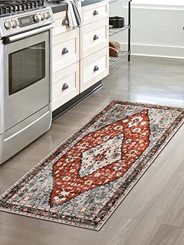 Lahome Boho Tribal Runner Rug - 2X4.3 Red Washable Kitchen Rug Soft Bedroom Mat, Persian Non Slip Kid Pet Friendly Long Bathroom Carpet Runner For Front Door Hallway Foyer Powder Room Vanity #TOP6