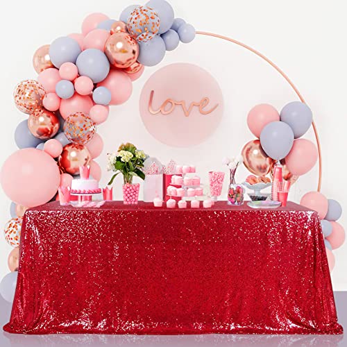 Image of B-COOL Red Sequin Tablecloth Christmas Table Cloth Valentines 90x132-Inch Seamless Tablecloths Sequined Fabric Rectangle Overlays for Party Birthday Evening Decor