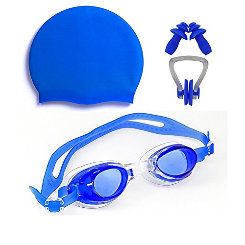 Image of Men Swimming Costume | Shorts | Trunk Goggles Cap 2 Earplug Nose Clip Swimsuit Swimming Kit (38, Blue)