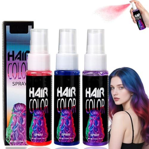 3 Color Washable Hair Color Spray, Temporary Hair Colour Spray, Purple Blue Red Hairspray, Vibrant Colored Hair Dye for Kids Adults, Instant Styling Cosplay, Prom, Party, Christmas, Halloween
