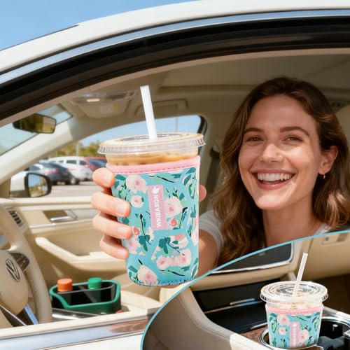 Image of Reusable Iced Coffee Insulator Sleeve for Cold Beverages and Neoprene Cold Coffee Cup Sleeves Cooler Cover 16-32OZ for Coffee Cups, McDonalds, Dunkin Donuts, More(Floral flower)