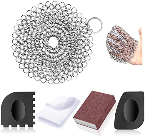 Cast Iron Cleaner, 316 Stainless Steel Chainmail Scrubber, 2 Pan Grill Griddle Scrapers, Bamboo Fiber Rag, Sanding Sponge for Cast Iron Cleaning Cast Iron Cleaner, 316 Stainless Steel Chainmail Scrubber, 2 Pan Grill Griddle Scrapers, Bamboo Fiber Rag, Sanding Sponge for Cast Iron Cleaning