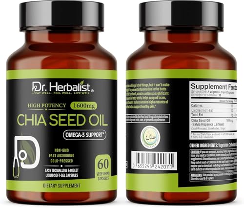 Image of Dr. HERBALIST Chia Seed Oil 1600mg Softgels - Plant-Based Superfood Supplement with Omega 3 Fatty Acids, Antioxidants & Natural Nutrients - 60 Capsules for Men & Women