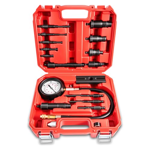 Auto Dynasty TU-15B Diesel Engine Compression Gauge Tester Cylinder Pressure Meter Teste Tool Kit with Gauge Adapters Compatible with Trucks Cars, Red
