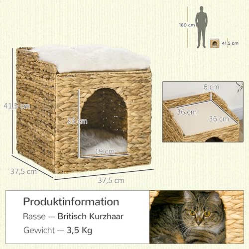 PawHut Rattan Katzenhaus, Katzenhöhle mit Kissen, Katzenbett mit 2 Ebenen, Katzenkorb, Katzenhütte für Katzen bis 5 kg, Wasserhyazinthengras, 37,5 x 37,5 x 41,5 cm, Braun