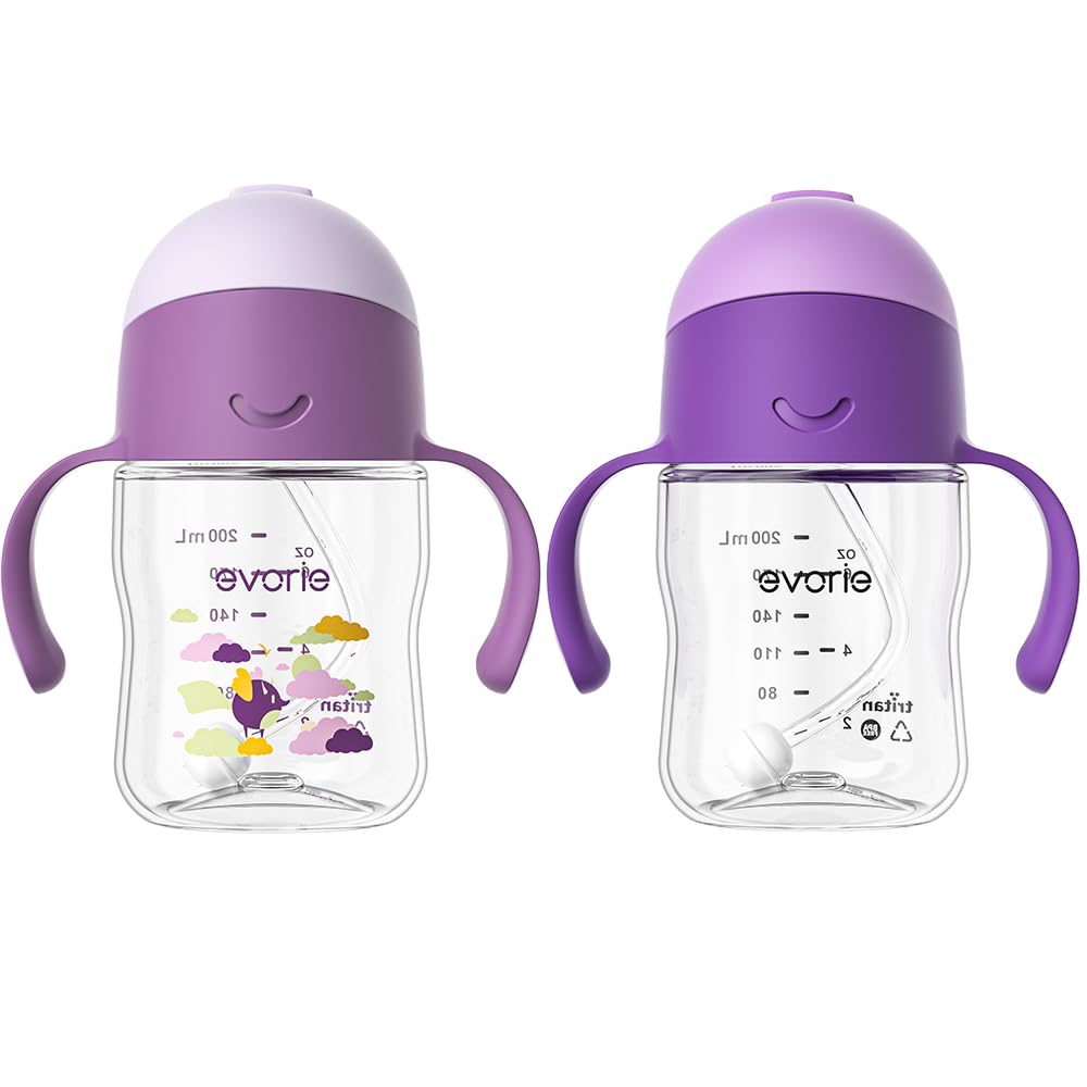 Evorie Tritan Weighted Straw Baby Sippy Cup 7 Oz Leak Poof with Handles for 6 Months Above, Twin Bundle (Ube + Daydream)