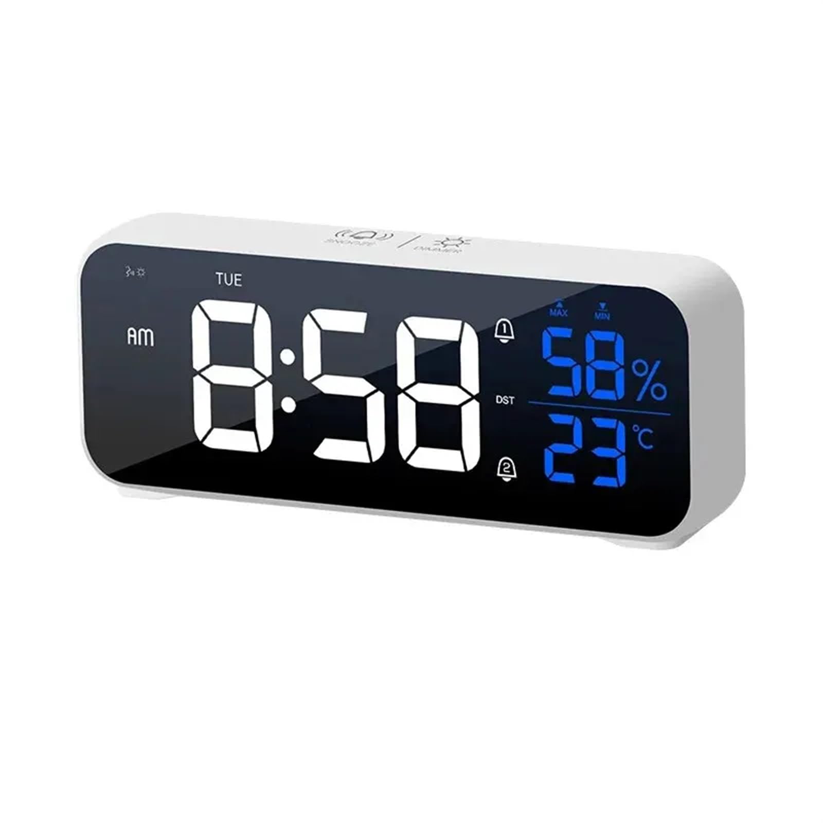 LUYSGBXR Alarm Clock Music Digital Alarm Clock Voice Control Temperature Humidity Display Desktop Clocks Home Table Decoration Built-in 1200mAh(White-1pcs)