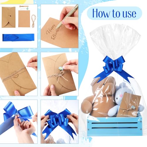 Image of Wonderjune Wooden Baskets for Back to School Gifts Empty Wood Basket with Cellophane Bag Ribbon Greeting Card for Birthday Baby Shower Wedding Housewarming Gifts Packaging(Blue,Small)