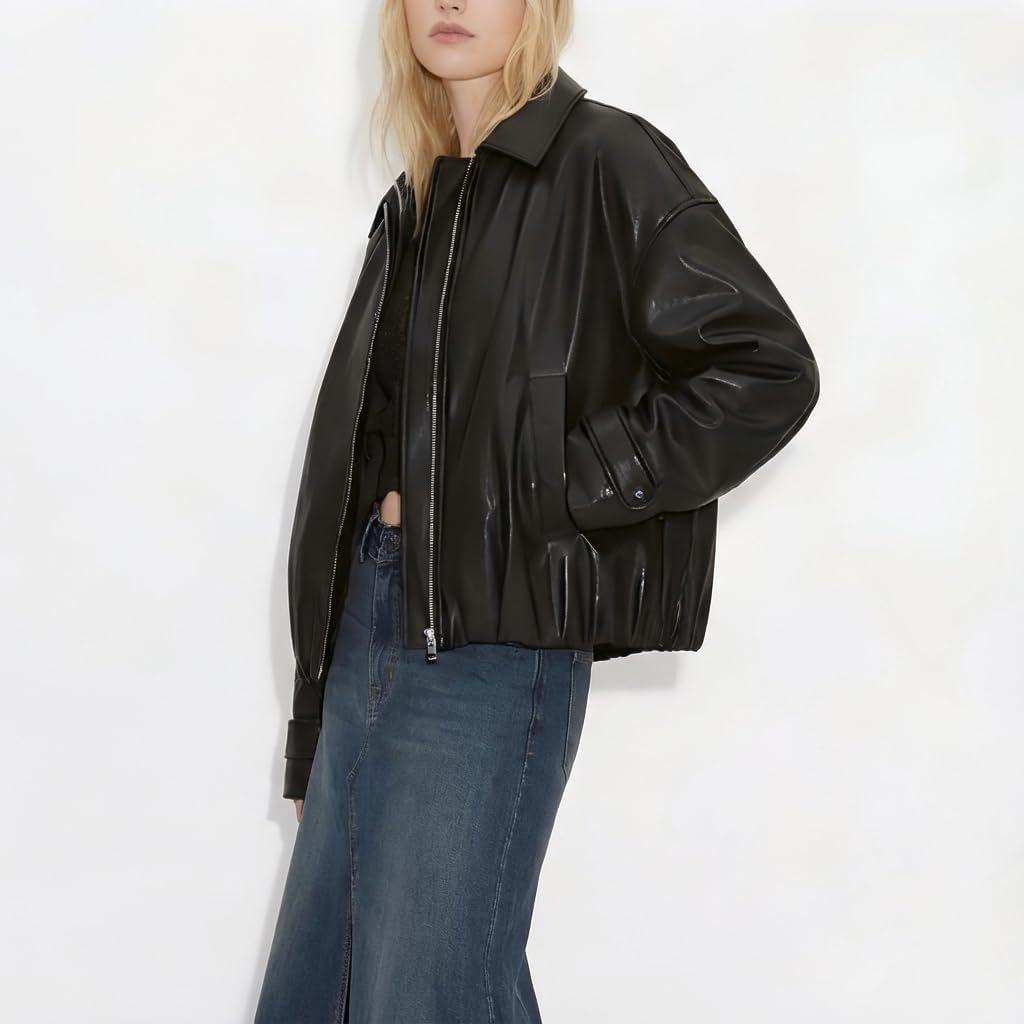 Oversized Faux Leather Bomber Jacket for Women – Zip-Up Aviator Flight Coat, Relaxed Fit Streetwear Outerwear - Image 3