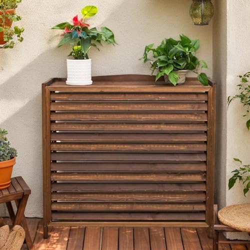 Klimaanlage Abdeckung Außengerät Massivholz Sichtschutz Balkon Holz Wärmepumpe Abdeckung Anti-Korrosion Blumenständer Für Draußen Gartenregal Wetterfest Für Gärten Veranden Innenhöfe(86x35x80cm)