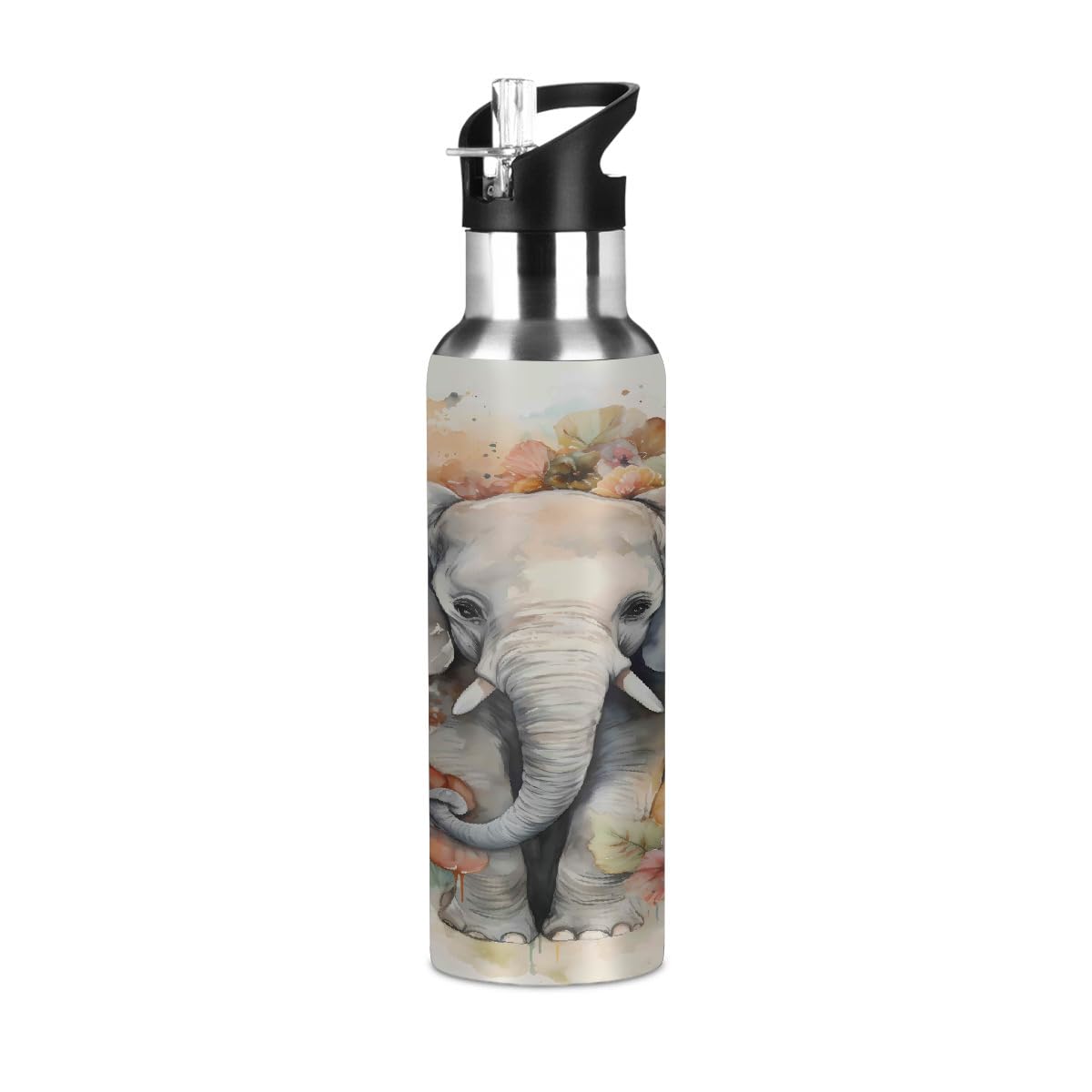 Mexpekil 20oz Thermal Flask, Watercolor Elephant Stainless Steel Insulated Water Bottle with Straw, Leakproof Sports Bottle for Gym, Travel, Workouts