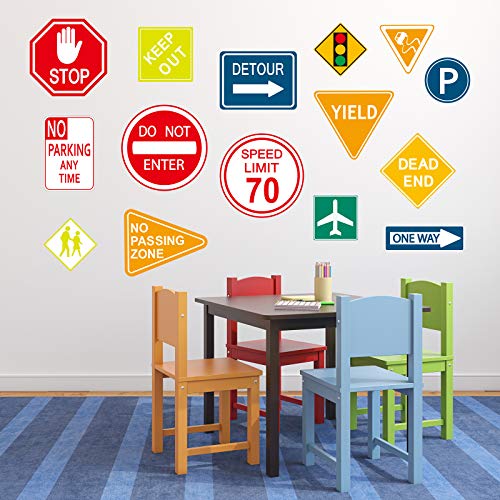 Zonon 15 Pieces Road Signs Wall Decal Traffic Street Signs Stickers Stop Street Transportation Vinyl Wall Decals for Kids Bedroom Classroom Playroom Birthday Decor