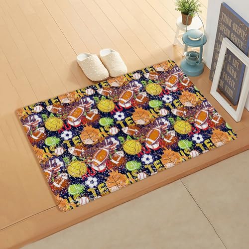 Shabby Chic Balls Kitchen Bath Door Mat Cushioned Runner Rug,Washable Welcome Floor Sink Antifatigue Mat,Waterproof & Non-Slip Comfort Standing Doormat,Football Baseball Rugby Sports 18