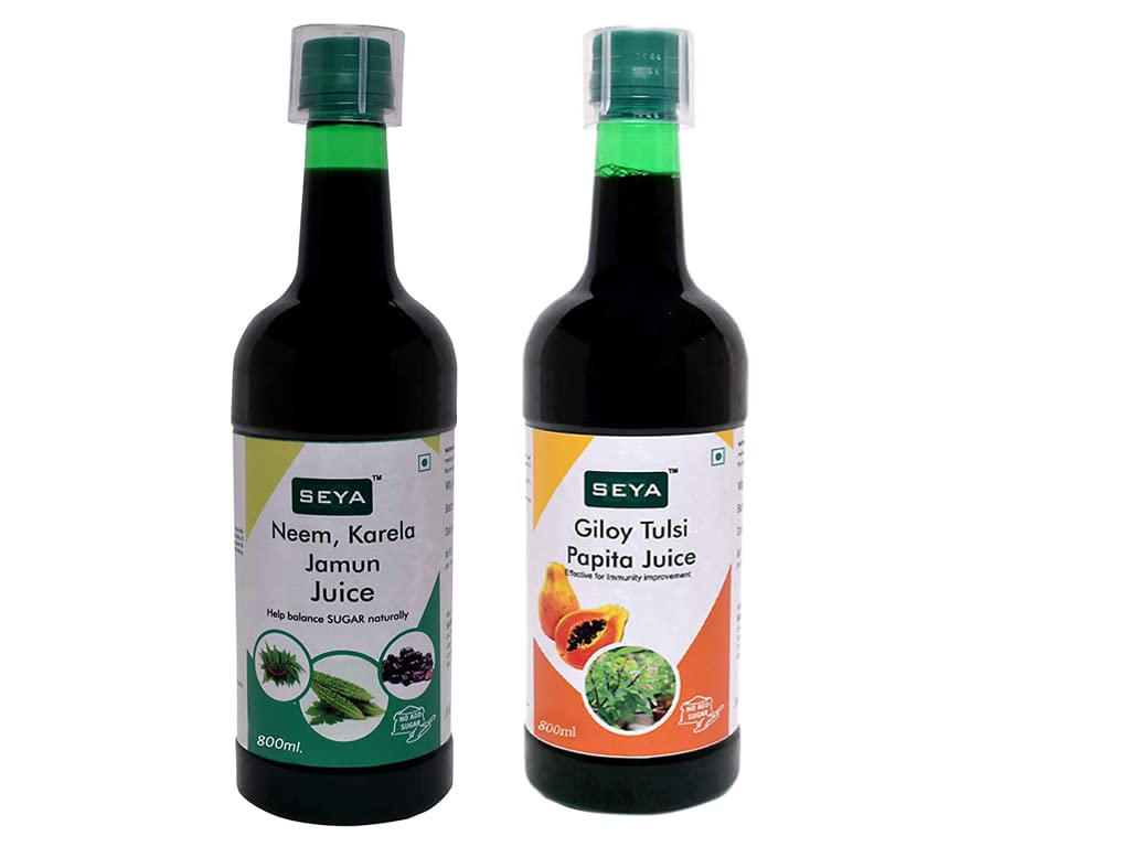 SEYA Combo of Giloy Tulsi Papita Juice, 800 ml & Neem Karela Jamun Juice, 800 ml/Pack of 2 / No Added Sugar/Herbal Juice/Immunity Booster