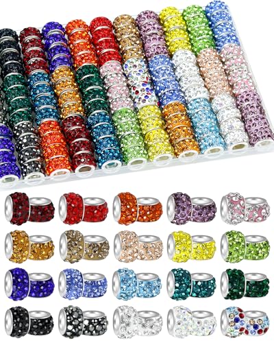 120PCS FIVEIZERO Rhinestone Large Hole Beads for Jewelry Making, 20 Colors Rhinestone European Bead Bulk Spacer Beads for Beadable Pens, DIY Crafts