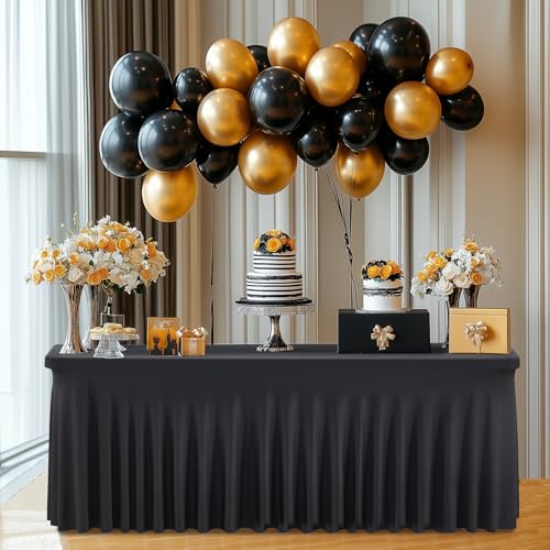 Image of 6 Pack Black Fitted Spandex Table Cloth Rectangle 8ft, Wrinkle Free High-Stretch Skirted Tablecloths for 8 Foot Rectangle Tables, Decor Parties Weddings Birthday Banquet Spandex Table Cloths Cover