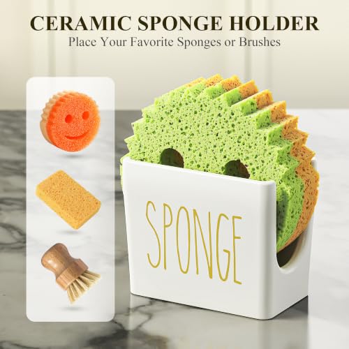 Image of Cisily Kitchen Soap Dispenser Set Comes with Ceramics Sponge Holder, Gold Pumps, and Instant Dry Tray, Hand and Dish Soap Dispenser Set, Kitchen Decor and Accessories for Countertop Organizer