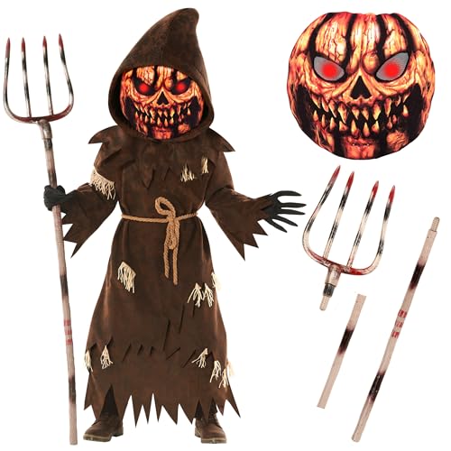 Morph Scary Pumpkin Costume With Pitchfork and Mask, Scary Halloween
