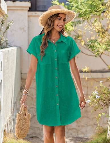 Image of Zeagoo Summer Dresses for Women 2026 Cotton Button Down Short Sleeve Tshirt Dresses Casual Mini Beach Dress