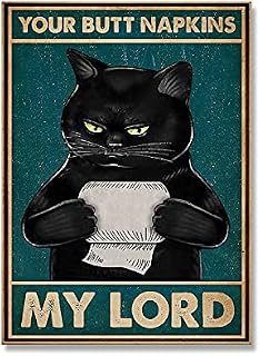 Yunmoxiao Black Cat with Toilet Paper Your Butt Napkins My Lord Art Print Vintage Funny Bathroom Canvas Painting Home Bar Wall Decor Poster 8"x10" Inch No Frame