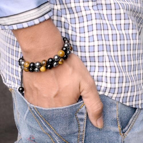 HEALING ZONE Triple Protection Bracelet – Genuine Tigers Eye Black Obsidian and Hematite 8mm Beads Bracelet for Men Women, Crystal Jewelry Gifts for Mother's Day2