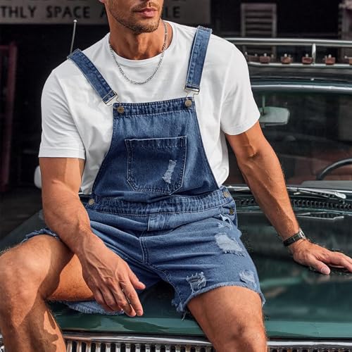 Cambkatl Men's Short Overalls Vintage Washed Denim Bib Shorts Adjustable Strap Coveralls Jeans Jumpsuit Shorts with Pockets4