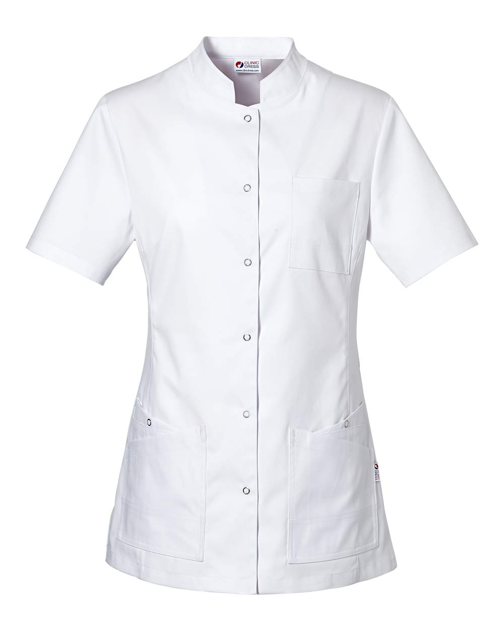 CLINIC DRESS Kasack für Damen leicht tailliert Stehkragen Druckknopfleiste 2 Doppeltaschen mit Druckknopf und Saumverstärkung Seitenschlitze Industriewäsche geeignet 95 Grad Wäsche