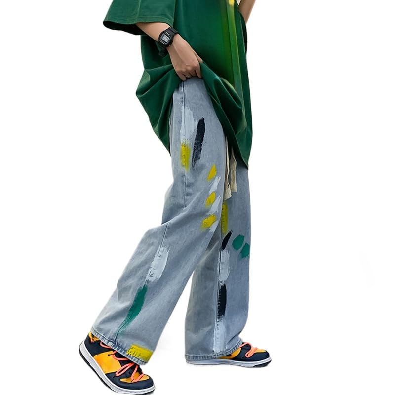 Barrel Jeans Men Y2K Hip Hop Elastic Waist Straight Leg Casual Loose Cute Graffiti Denim Pants Wide Leg Jeans