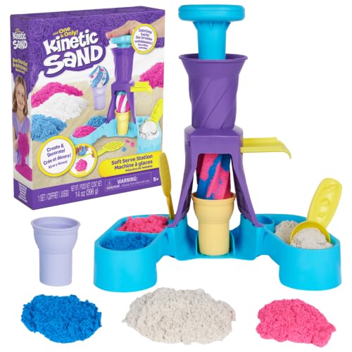 Kinetic Sand Soft Serve Station with 14oz Play Sand (Blue Pink & White) 2 Ice Cream Cones & 2 Tools Sensory Toys for Kids Ages 5 and up