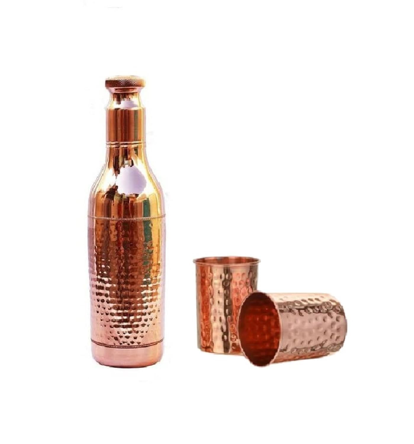 PR INTERNATIONAL Pure Copper Hammered Plain Water Bottle with Set of 2 Copper Hammered Tumbler.