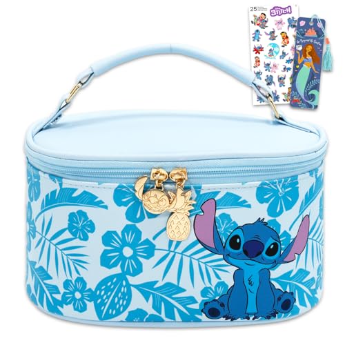 Disney Conjunto de bolsas de cosméticos Stitch – Pacote com estojo oval de cosméticos para maquiagem, artigos de higiene pessoal para viagem, decalques para telefone, adesivos | Bolsa de viagem