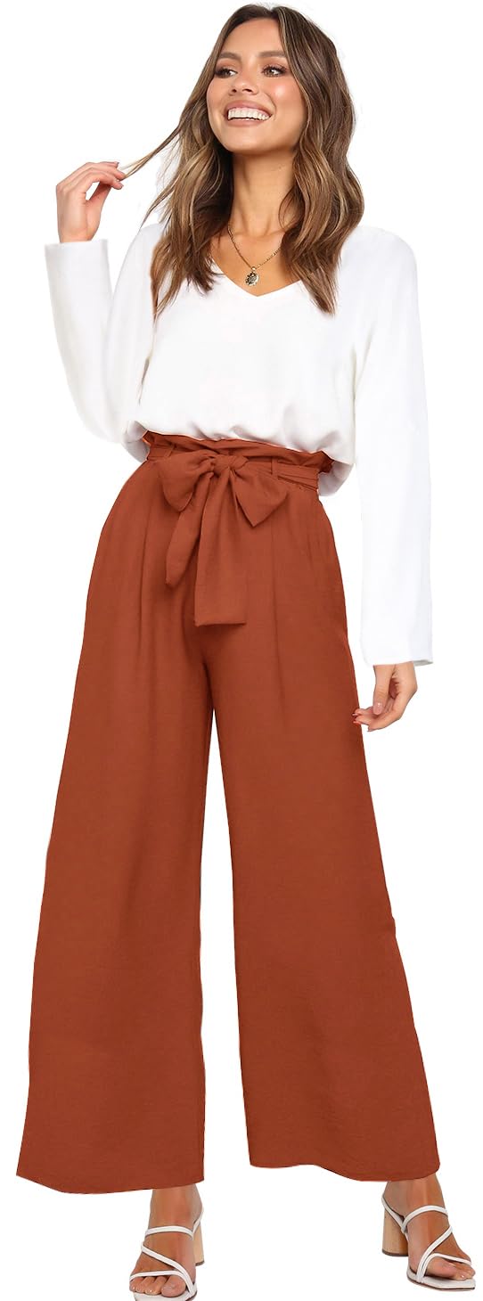 FANCYINN Completo da donna in 2 pezzi, con scollo a V, maniche lunghe, pantaloni a vita alta con cintura, B-orange Pantaloni & Bianco Maniche Lunghe Top, Large