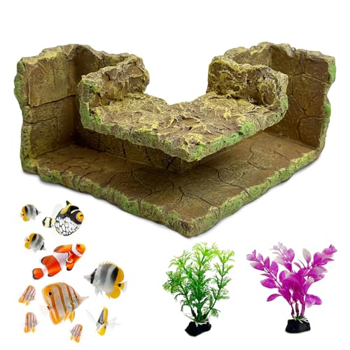 kathson Aquarium Hideaway Cave Underground Tunnel Hideout Wood-Like Fish Tank Cave for Corners View...