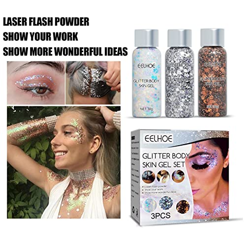 Qudai 3 Frascos x 30g Glitter Body Skin Gel Set Flash Pó Lantejoulas Embelezamento Clareamento para